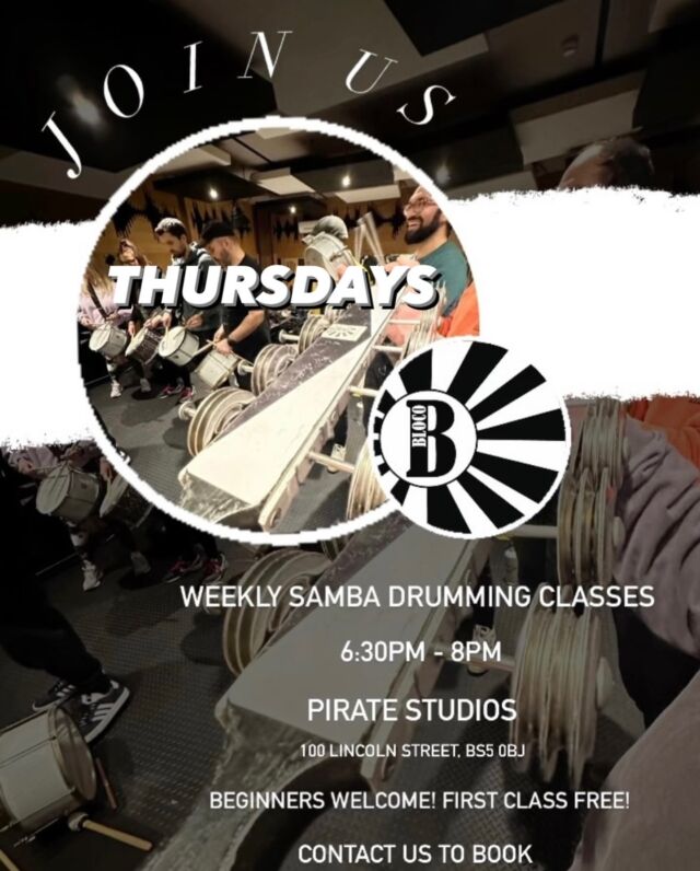 JOIN US 🖤🤍

THURSDAYS 
Weekly samba drumming classes from 6:30pm 

📍 Pirate Studios 100 Lincoln Street, BS5 0BJ

Welcoming community 💫 
Beginner friendly! First class is free! 

Monthly membership option with extra perks, or pay as you go 🙌

Booking essential due to studio capacity. 
Please DM us to book 📧 

Vamos sambar 🎶
