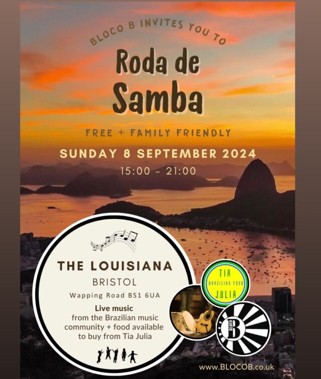 Bristol Roda de Samba 🎶 

SAVE THE DATE: SUNDAY 8 SEPTEMBER 

We’re excited to be hosting our next Roda de Samba event at @louisiana.bristol 

🕒: 3pm - 9pm 

FREE, family friendly + feijoada (and other delicious Brazilian food) available for sale from @tiajuliabrazilian 🇧🇷 

Join us for a day of Brazilian feel-good music and songs in a relaxed and welcoming atmosphere. 
Invite your friends and family 💚 

See you there!! Vamos galera!!

#rodadesambabristol #rodadesambauk #rodadesamba #sambacircle #pagodeuk #sambauk #sambabristol #sambasongs #thelouisianabristol #feijoadabristol #tiajuliabrazilian #blocob #braziliancultureuk #brasileirosembristol #brasileirosemuk